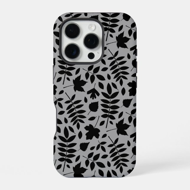 Fallen Leaves Pattern Black on Grey iPhone Case (Back)