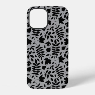 Fallen Leaves Pattern Black on Grey iPhone 12 Case