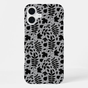 Fallen Leaves Pattern Black on Grey iPhone 16 Plus Case