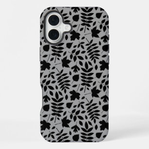 Fallen Leaves Pattern Black on Grey iPhone 16 Plus Case