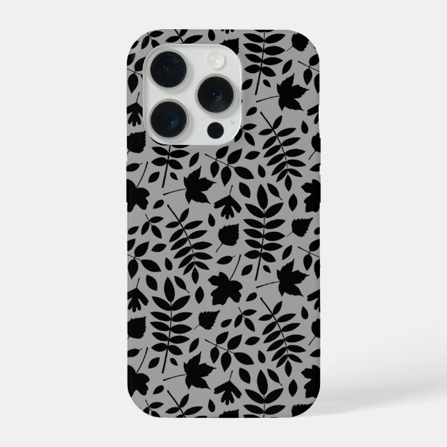 Fallen Leaves Pattern Black on Grey iPhone Case (Back)