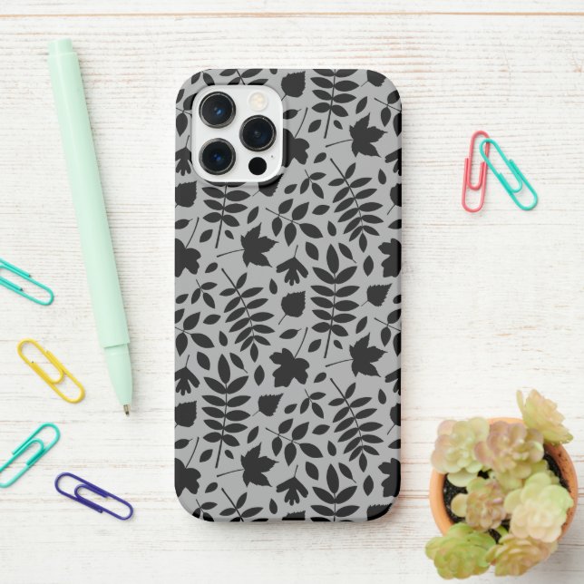Fallen Leaves Pattern Black on Grey iPhone Case (On Desk)