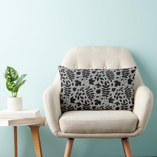 Fallen Leaves Pattern Black on Grey Lumbar Cushion (Chair)