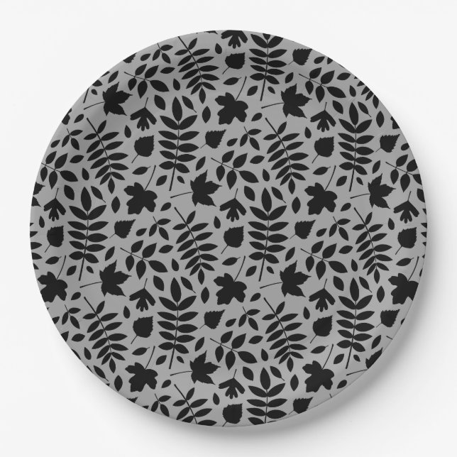 Fallen Leaves Pattern Black on Grey Paper Plate (Front)