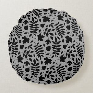 Fallen Leaves Pattern Black on Grey Round Cushion