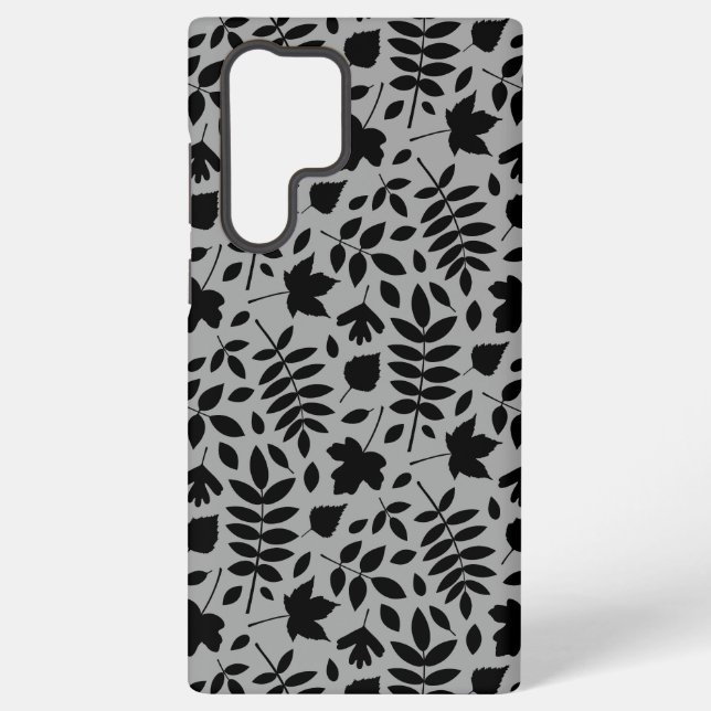 Fallen Leaves Pattern Black on Grey Samsung Galaxy S22 Ultra Case (Back)