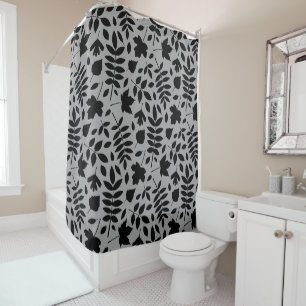 Fallen Leaves Pattern Black on Grey Shower Curtain