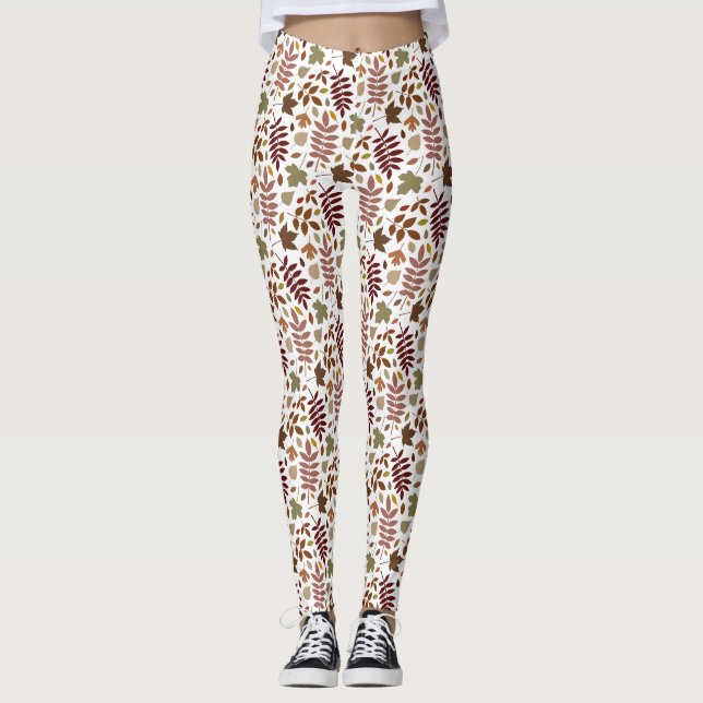 Fallen Leaves Pattern Fall Colours on White Leggings (Front)
