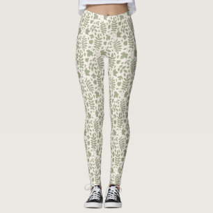 Fallen Leaves Pattern Green on Cream Leggings