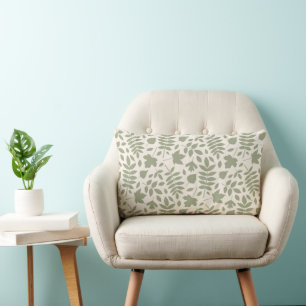Fallen Leaves Pattern Green on Cream Lumbar Cushion