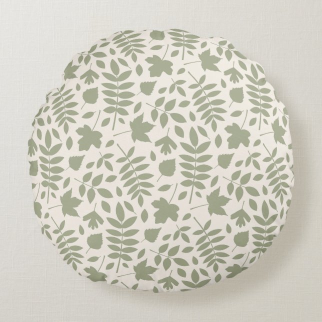 Fallen Leaves Pattern Green on Cream Round Cushion (Front)