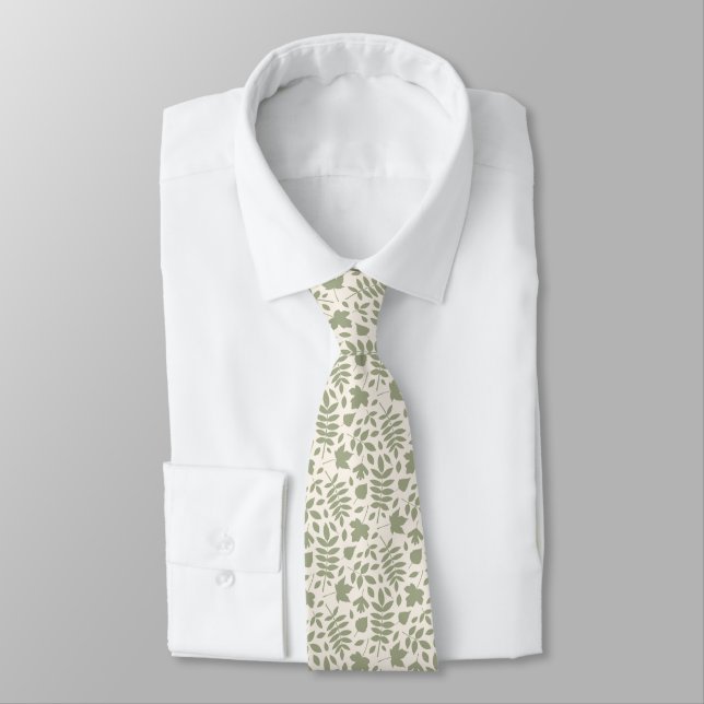 Fallen Leaves Pattern Green on Cream Tie (Tied)