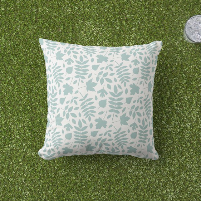 Fallen Leaves Pattern Lt Teal on White Cushion (Grass)