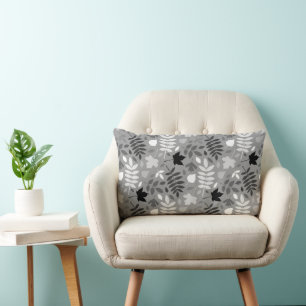 Fallen Leaves Pattern Monochrome on Grey Lumbar Cushion