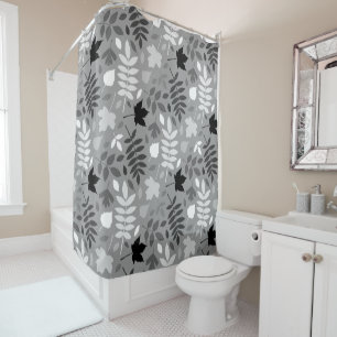 Fallen Leaves Pattern Monochrome on Grey Shower Curtain