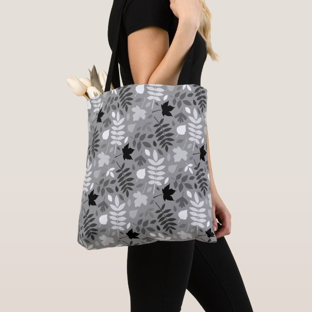 Fallen Leaves Pattern Monochrome on Grey Tote Bag (Close Up)