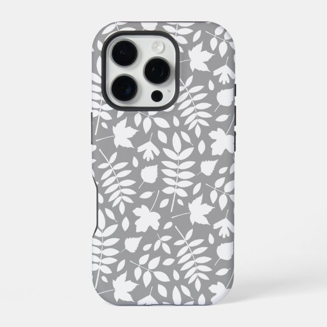 Fallen Leaves Pattern White on Grey iPhone Case (Back)