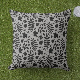 Fallen Leaves Rpt Pattern Black on Grey Cushion