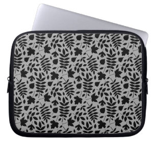 Fallen Leaves Rpt Pattern Black on Grey Laptop Sleeve