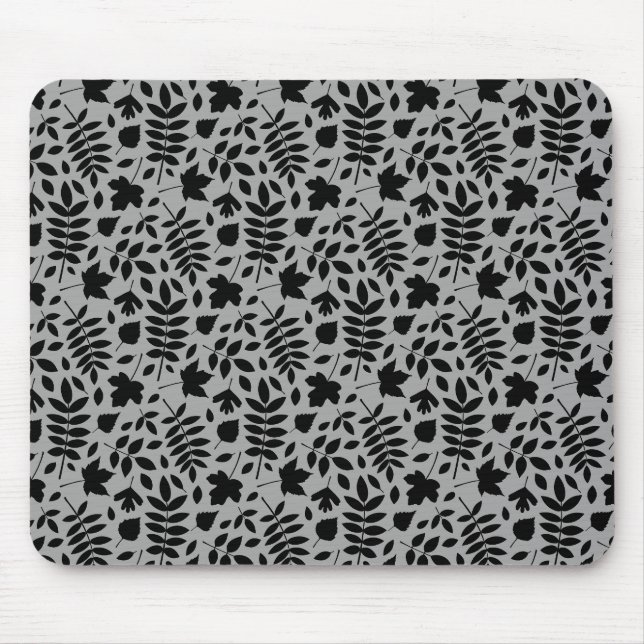 Fallen Leaves Rpt Pattern Black on Grey Mouse Pad (Front)