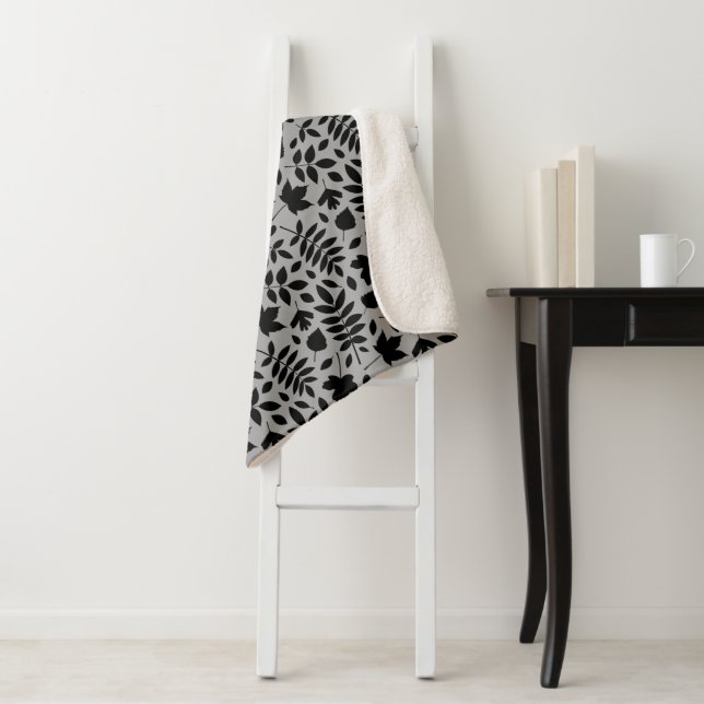 Fallen Leaves Rpt Pattern Black on Grey Sherpa Blanket (In Situ)