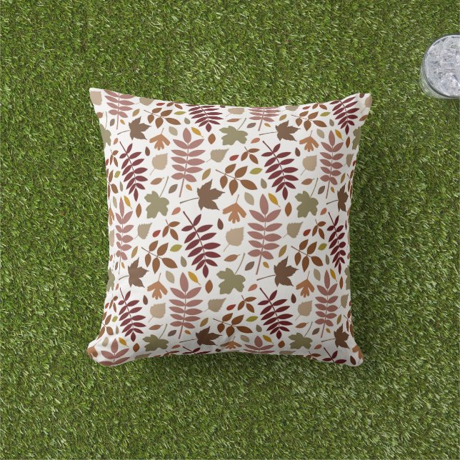 Fallen Leaves Rpt Pattern Fall Colours on White Cushion (Grass)