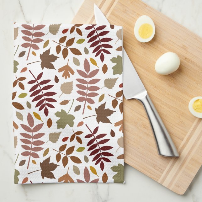 Fallen Leaves Rpt Pattern Fall Colours on White Tea Towel (Quarter Fold)