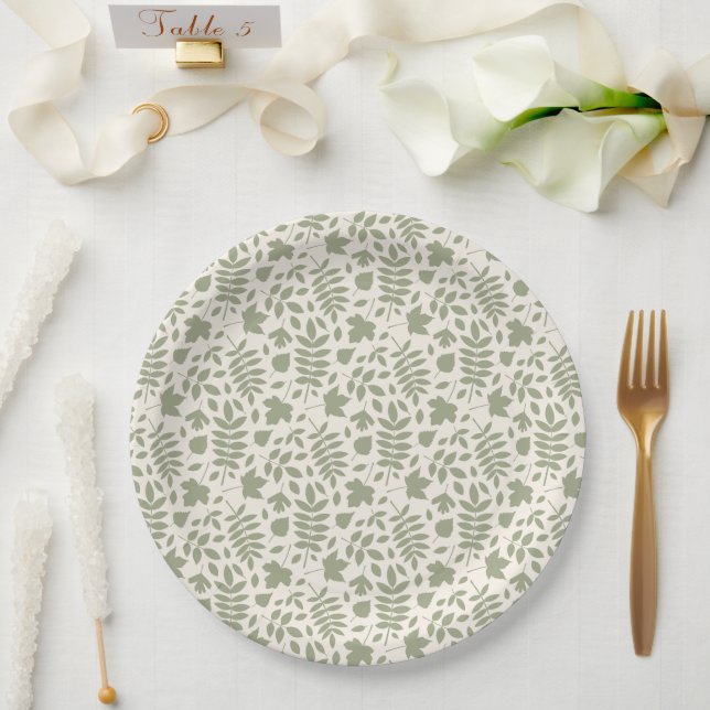 Fallen Leaves Rpt Pattern Green on Cream Paper Plate (Wedding)