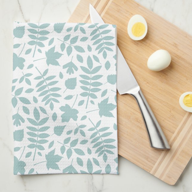 Fallen Leaves Rpt Pattern Lt Teal on White Tea Towel (Quarter Fold)