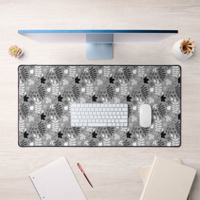 Fallen Leaves Rpt Pattern Monochrome on Grey Desk Mat (Office 1)
