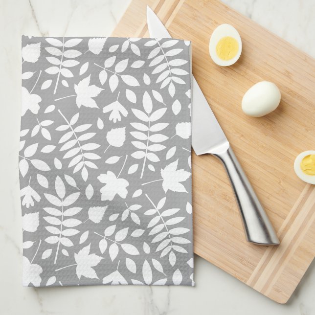 Fallen Leaves Rpt Pattern White on Grey Tea Towel (Quarter Fold)