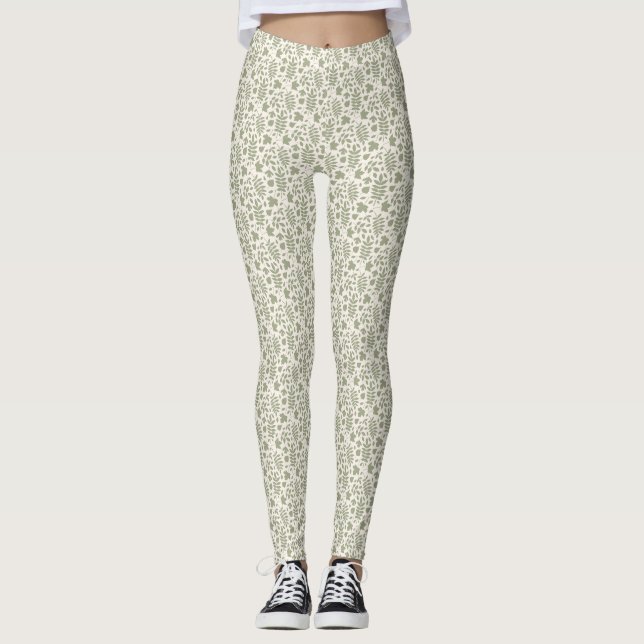 Fallen Leaves Sml Pattern Green on Cream Leggings (Front)