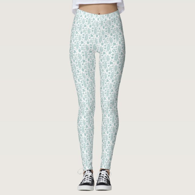 Fallen Leaves Sml Pattern Lt Teal on White Leggings (Front)