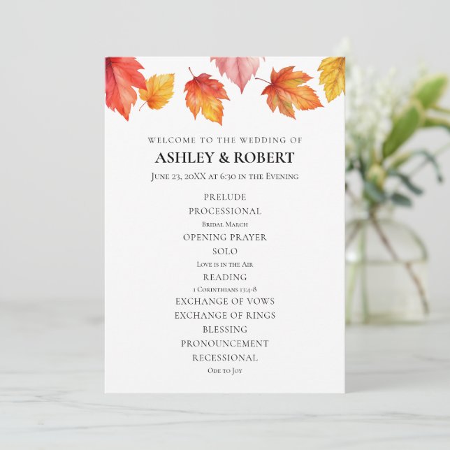 Falling Autumn Leaves Fall Wedding Ceremony Program (Standing Front)