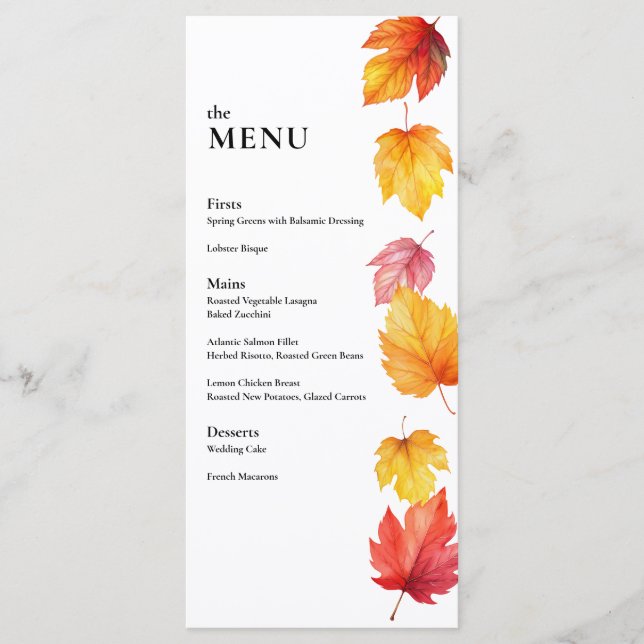 Falling Autumn Leaves Fall Wedding Dinner Menu (Front)