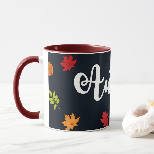 Falling Autumn Leaves Red Orange Yellow Mug (With Donut)