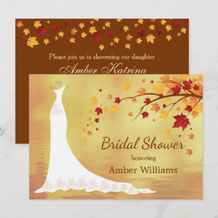 Falling autumn leaves, wedding gown Bridal Shower Invitation