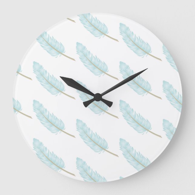Falling Blue Feather Pattern Modern Large Clock (Front)