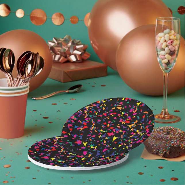Falling Confetti - Rainbow Colours on Black Paper Plate (Multi)