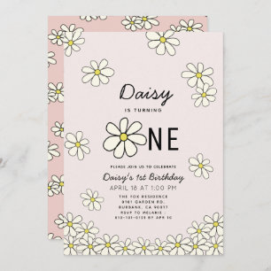 Falling Daisies Floral Pink 1st Birthday Invitation