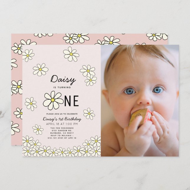 Falling Daisies Floral Pink Photo 1st Birthday Invitation (Front/Back)