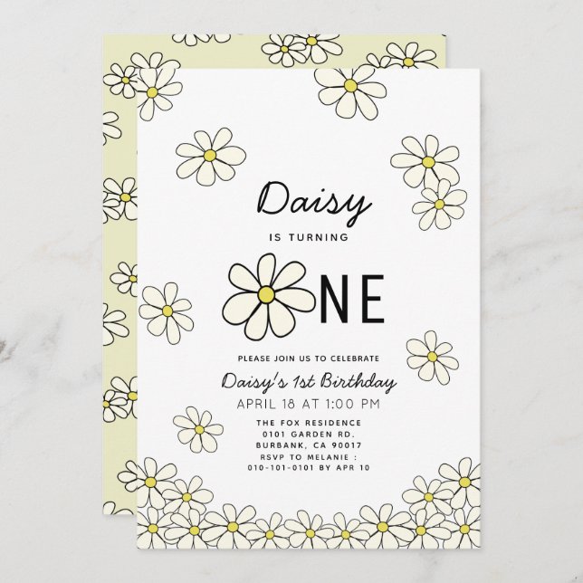 Falling Daisies White Floral 1st Birthday Invitation (Front/Back)