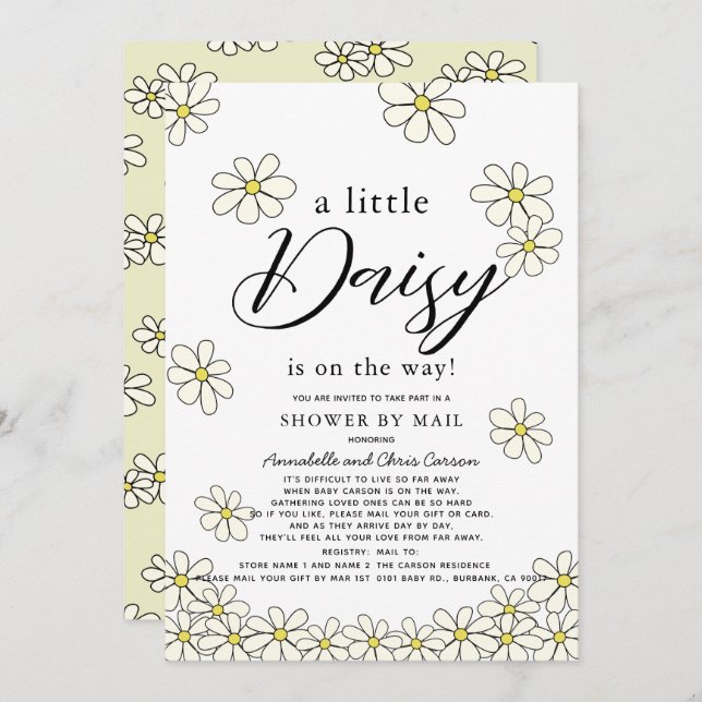 Falling Daisies White Floral Baby Shower by Mail Invitation (Front/Back)