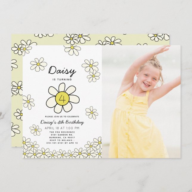 Falling Daisies White Floral Photo Birthday Invitation (Front/Back)