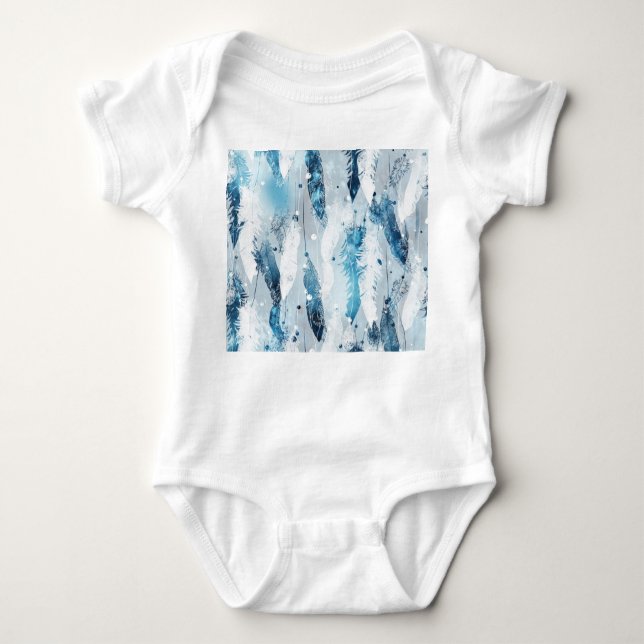 Falling Feathers: Blue Watercolor Seamless Baby Bodysuit (Front)