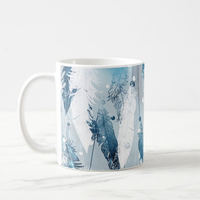 Falling Feathers: Blue Watercolor Seamless Coffee Mug (Left)