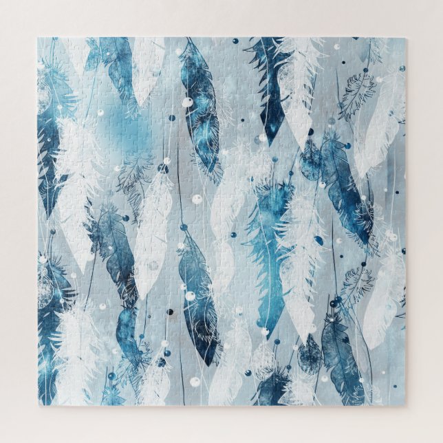 Falling Feathers: Blue Watercolor Seamless Jigsaw Puzzle (Vertical)