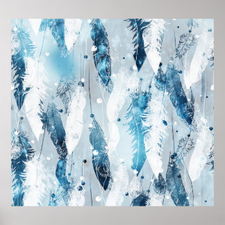 Falling Feathers: Blue Watercolor Seamless Poster