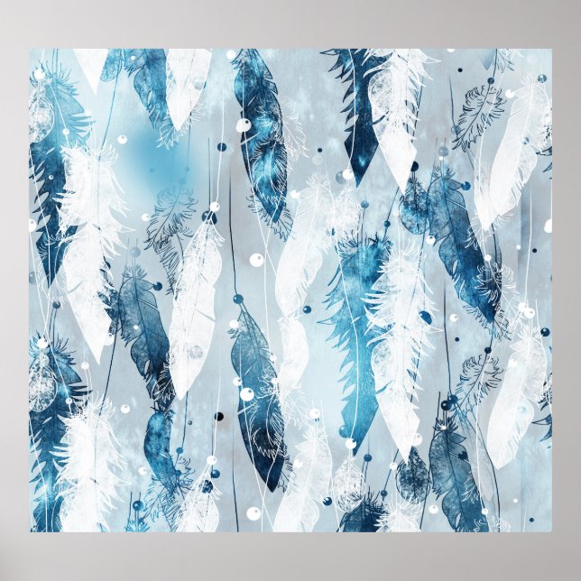 Falling Feathers: Blue Watercolor Seamless Poster (Front)