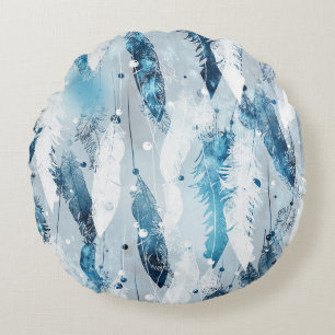 Falling Feathers: Blue Watercolor Seamless Round Cushion